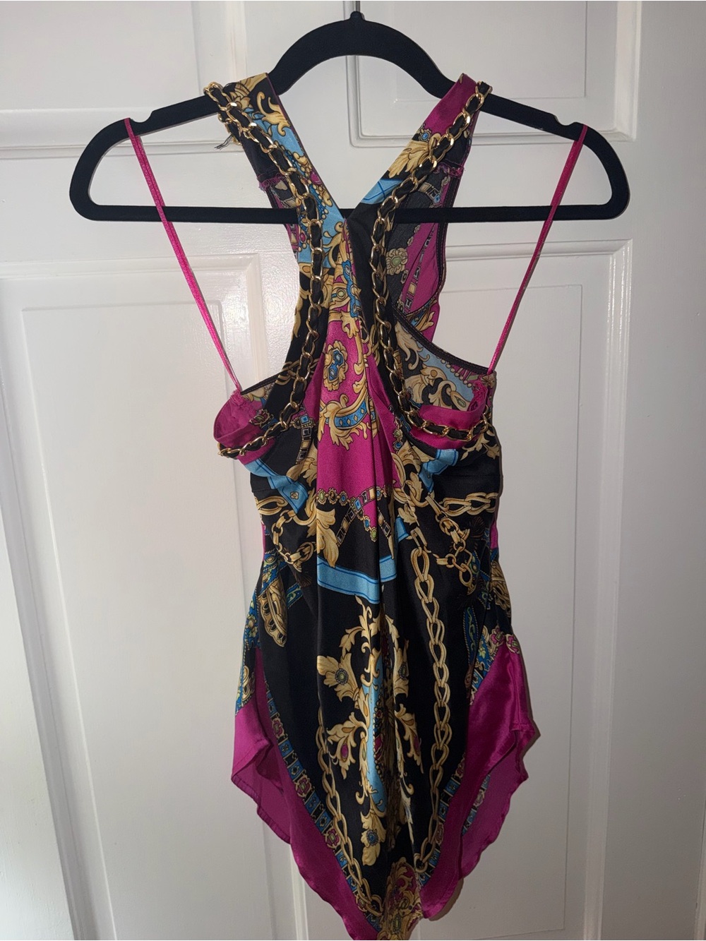 Cache Women’s Halter Top with Gold Chain Neck Line and Colored Print